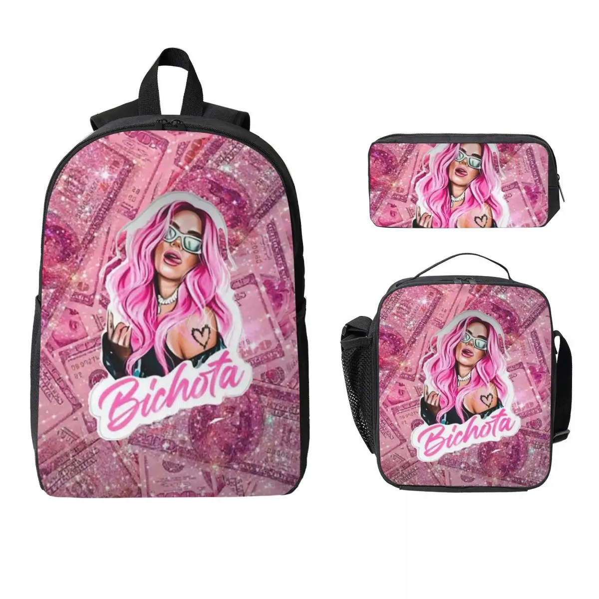 

Karol G Happy Valentines Day Backpack Student BookBag School Bag Computer Shoulder Bags 3ps Insulated Lunch Bag Pencil Case