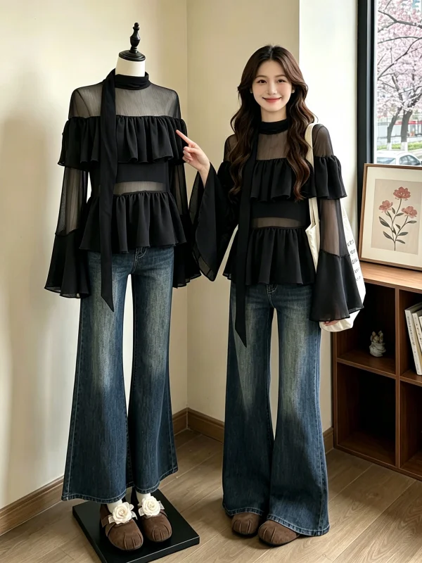 

Elegant Black Lace Chiffon Top Women's Summer New Style Thin Neck Hanging Sash Bell Sleeve Ultra Light Long Sleeve Color