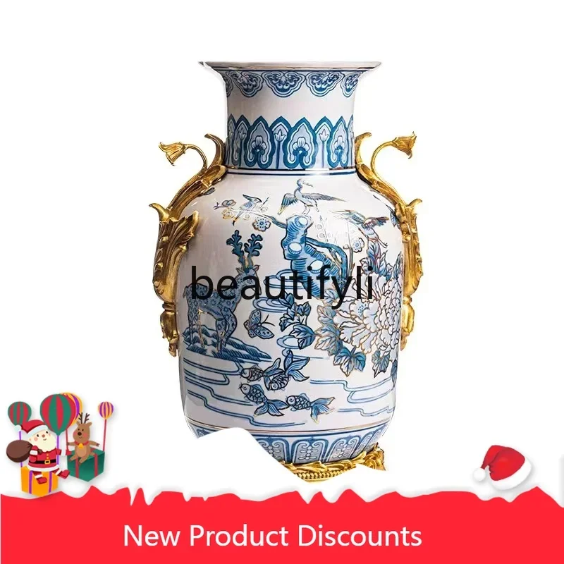 

X New Porcelain Inlaid Copper Flower Arrangement Vase Home Creative Living Room Decoration Entrance Ornament