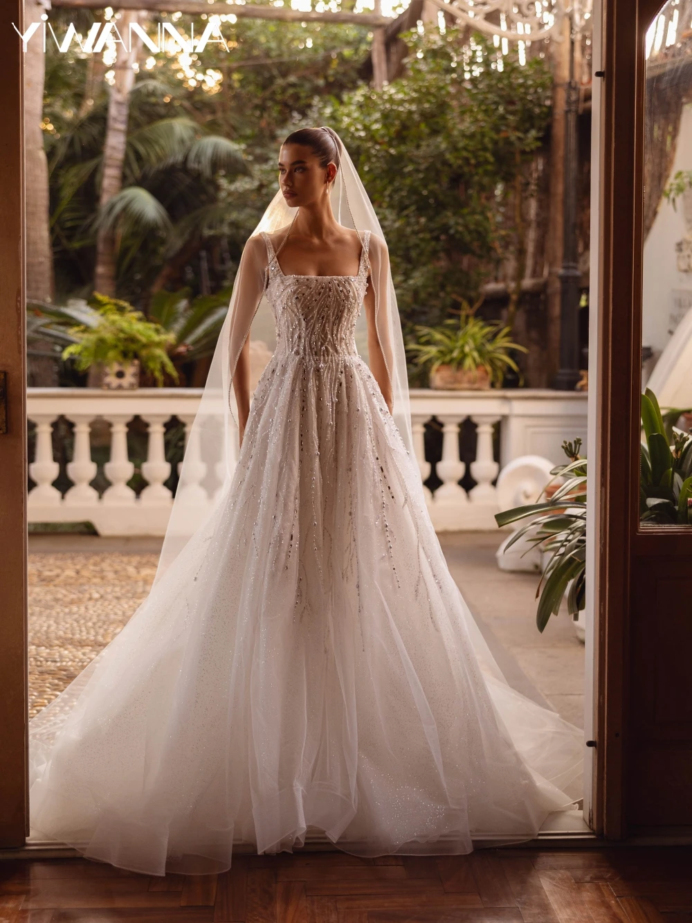 Vestido de novia de perlas con cuentas de lujo, vestido de novia largo de tul con lentejuelas, vestidos de cuello cuadrado de ensueño personalizados para novia 2025