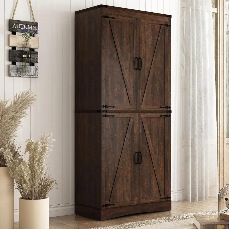 71in Farmhouse Tall Storage Cabinet, Kitchen Cabinet with 4 Barn Doors