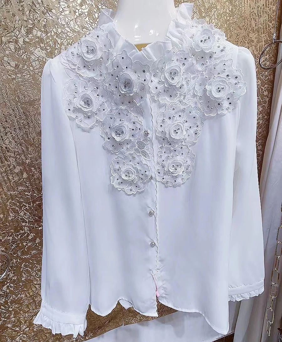 High Luxury Heavy Pearl Diamonds Flowers Stitch Blouse Shirt Women High-End Button Up 2024 Spring White Top Blusas