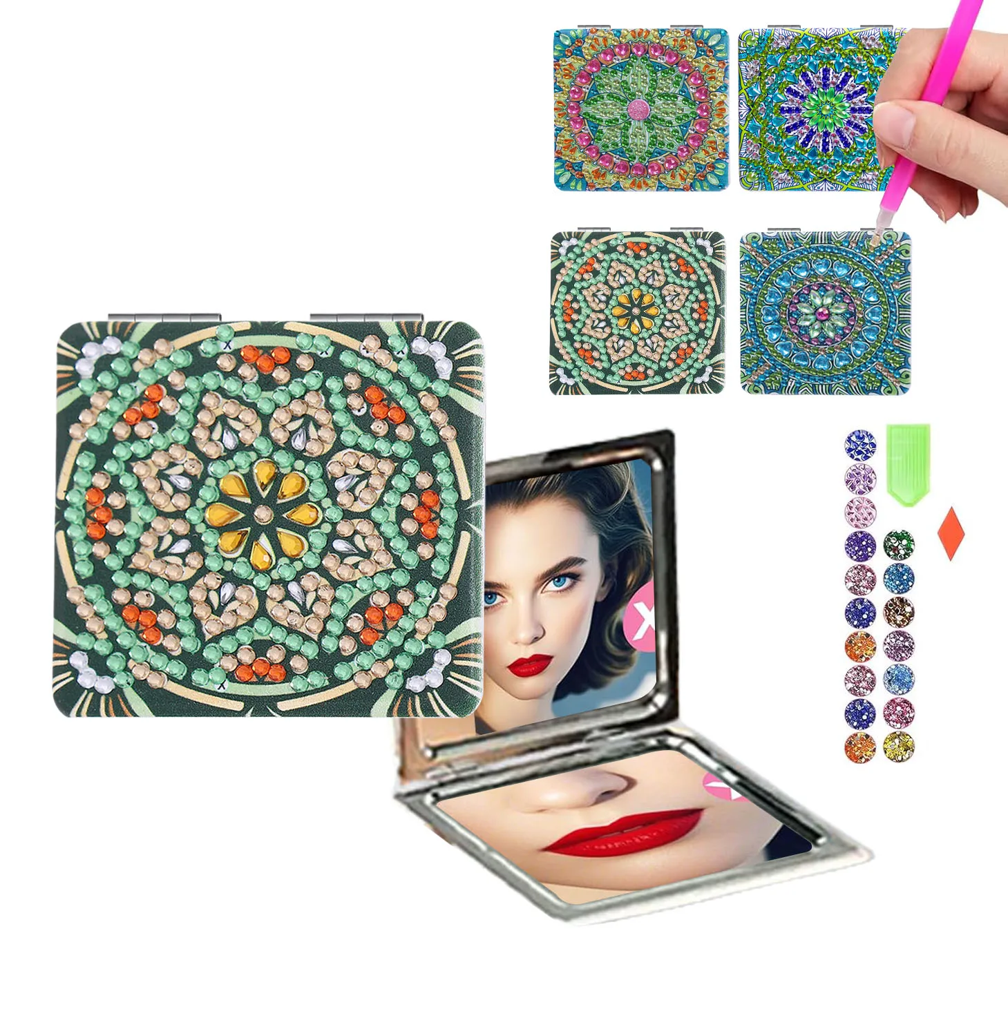 

1 DIY diamond painting mandala pattern with crystal diamond square makeup mirror, festival gift, birthday gift