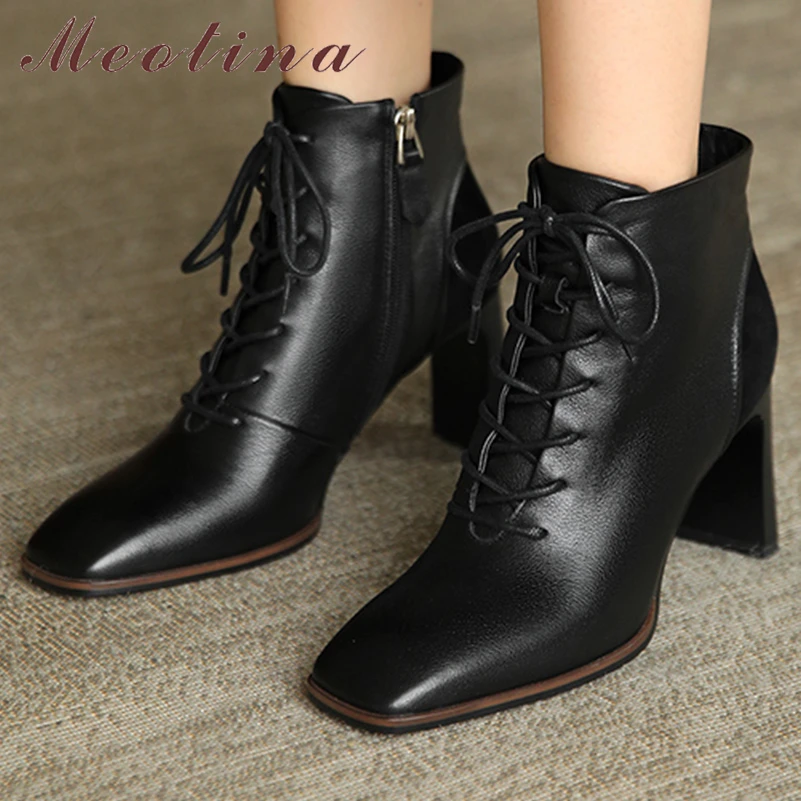 

Meotina Women Genuine Leather Ankle Boots Square Toe Thick High Heels Lace-up Zipper Short Boot Lady Fashion Shoes Autumn Winter