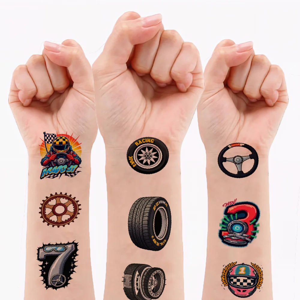 

63pcs Temporary Tattoo Checkered Flag Cartoon Racing Car Helmet Temporary Tattoo Stickers Gear For Children Girls Adults