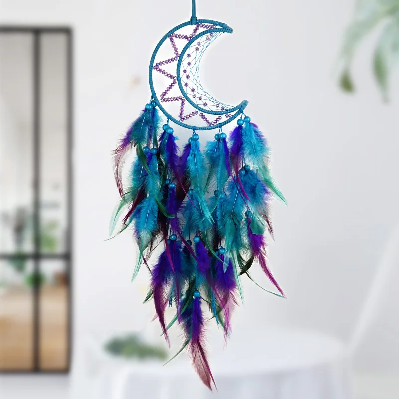 Indian Moon Dreamcatcher Wind Chimes Hand-woven Feather Room Wall Hanging Ornament Creative Car Pendant Birthday Gift Home Decor