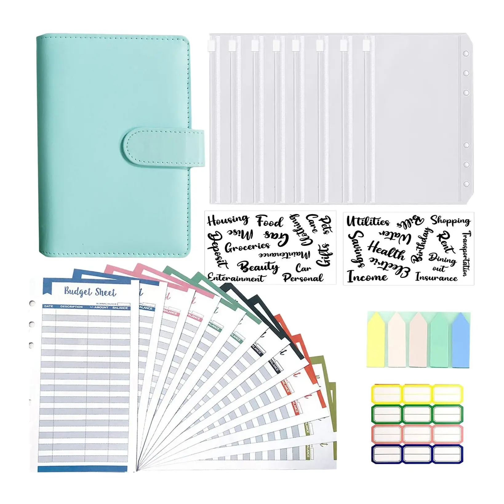 

A6 Binder Cover with A6 Binder Pockets Expense Budget Sheets Sticker Labels for Money Cash Envelopes System Light Green