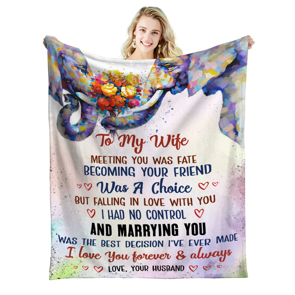 

Blanket for Wife Personalized Cute Elephant Print Blanket for Valentine's Day