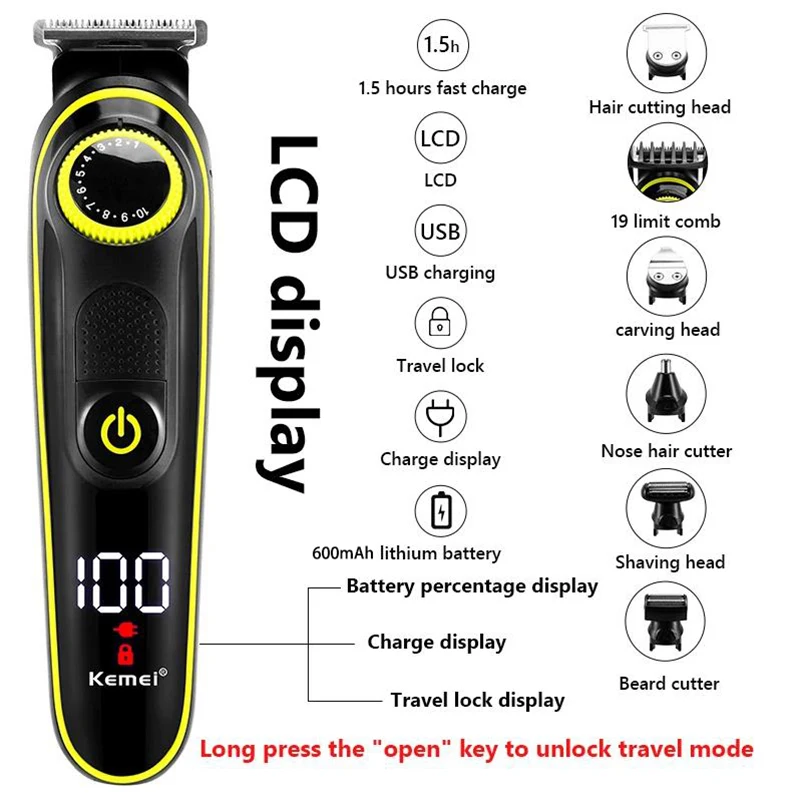 ماكينة قص الشعر Kemei696/ماكينة حلاقة للوجه/ماكينة تشذيب شعر الأنف/ماكينة حلاقة الجسم/ماكينة تشذيب كهربائية احترافية للرجال 5in1 مع قاعدة