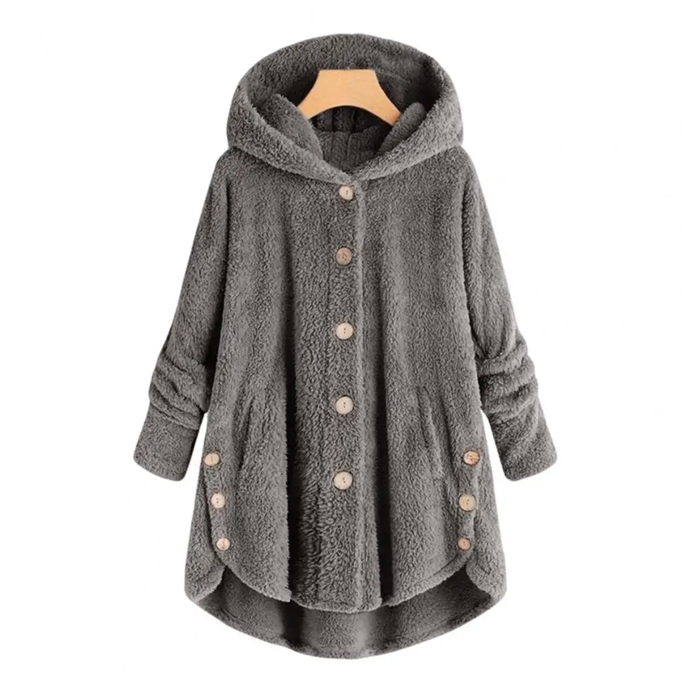 Loose-fitting Women Jacket Solid Color Women Jacket Stylish Women's Plush Hooded Coat with Side Buttons Pockets Casual for A