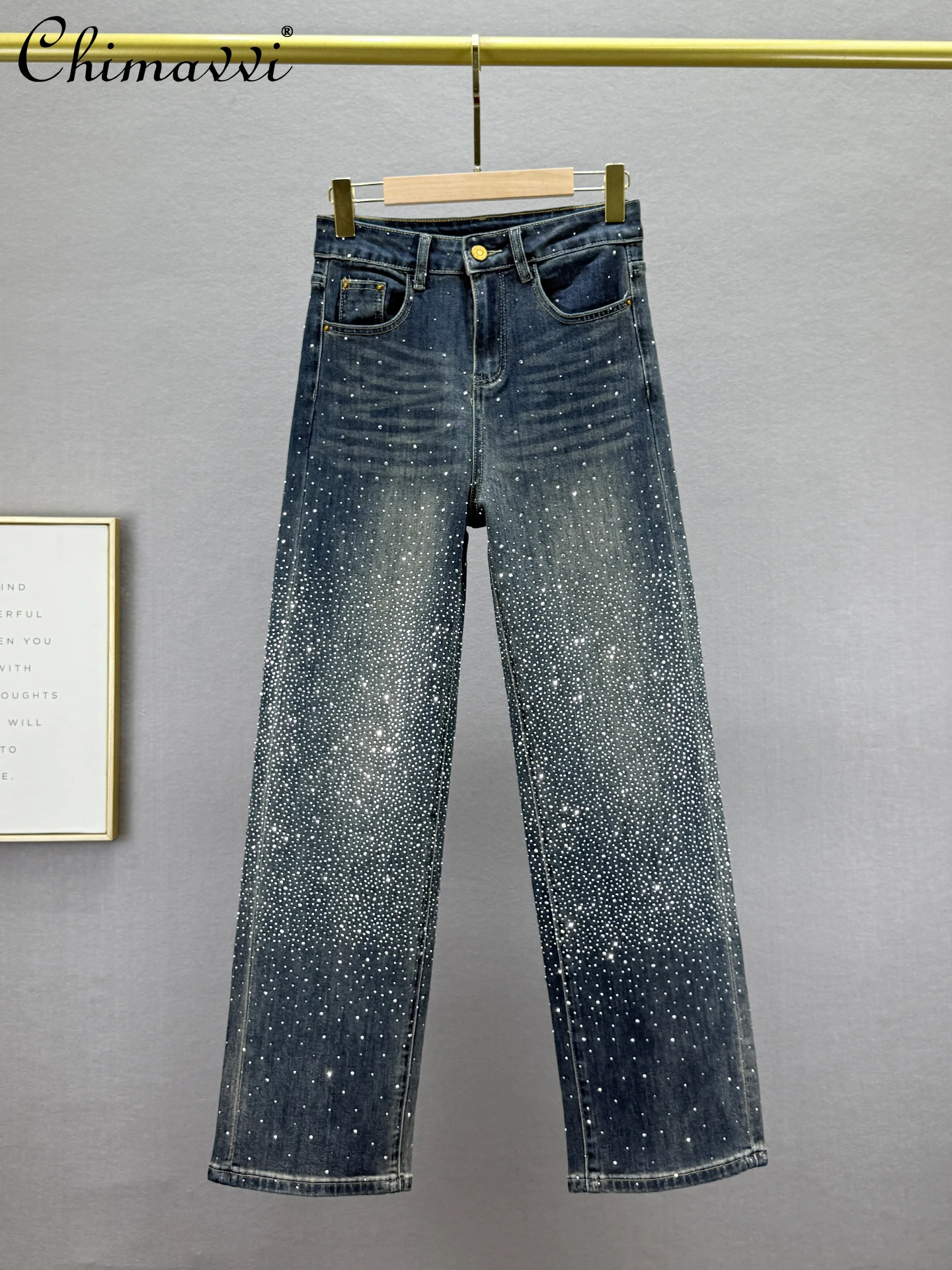 

Heavy Starry Sky Rhinestone Jeans for Women 2025 Autumn New Fashion High Waist Loose Slimming European Style Straight Pants
