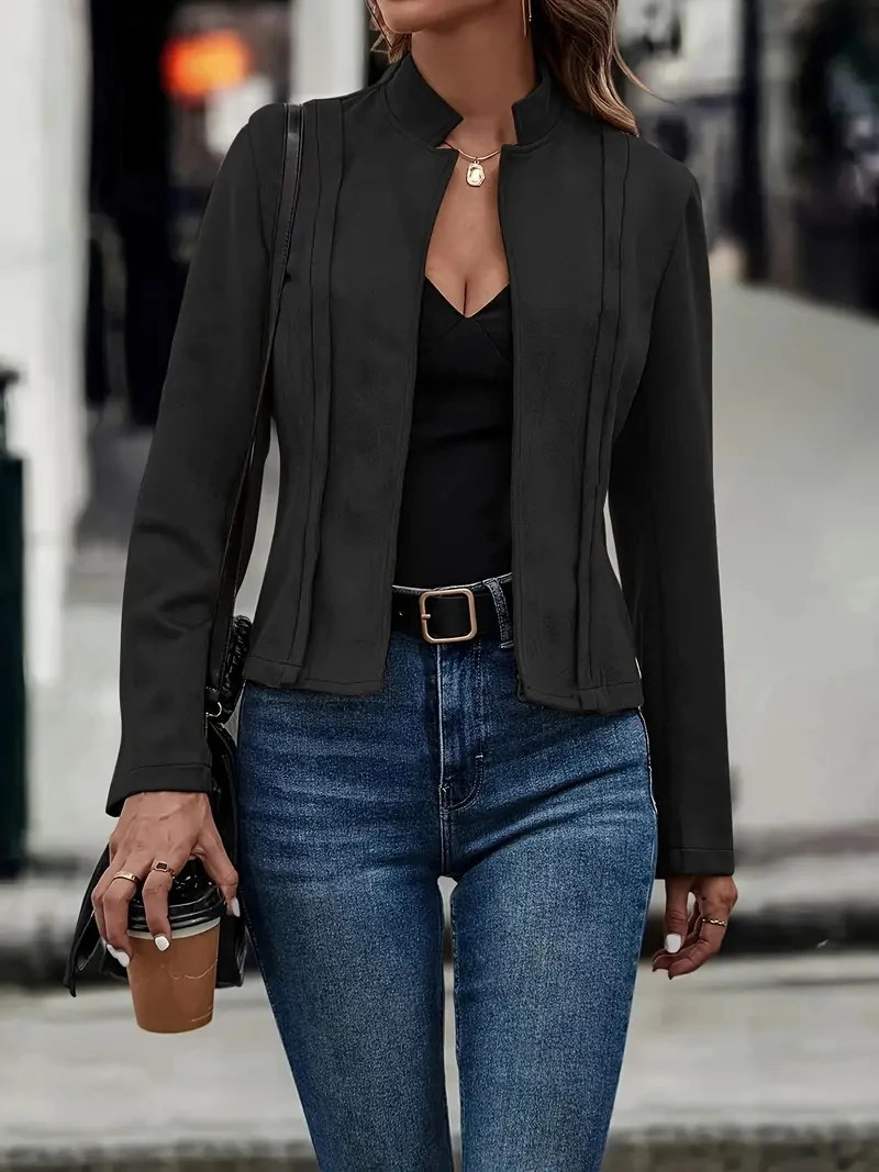 Women's Suede Cropped Jacket Stand Collar Open Front Short Coat With Pleated Detail For Autumn Winter Casual Wear