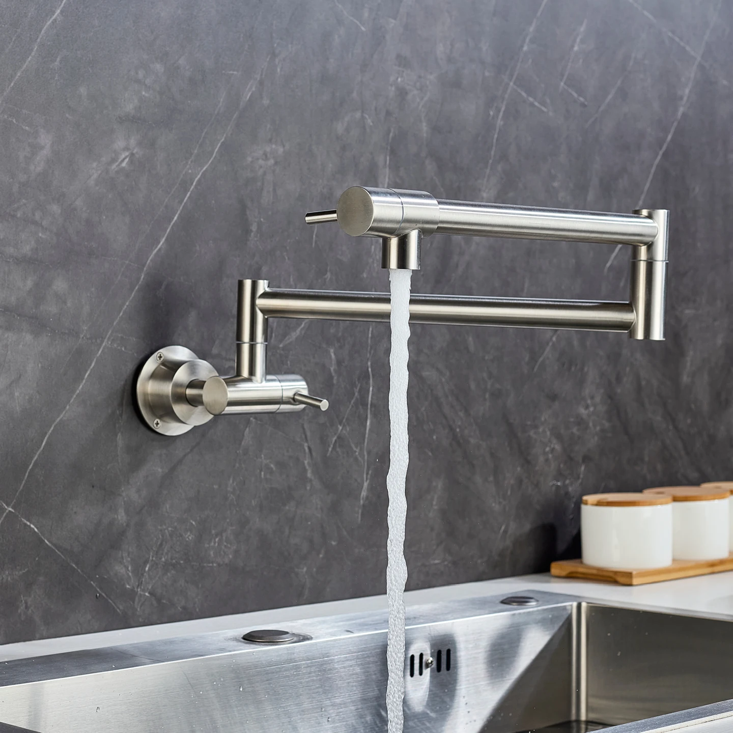 

Modern Single Hole Pot Filler Faucet Wall Mounted Single Cold Folding Kitchen Sink Faucet Double Joint Swing Arm Pot Filler Tap