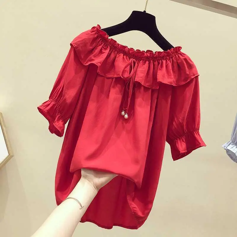 Red Short Sleeve Shirt Women\'s Off Shoulder Summer New Loose Pleated Solid All-match Office T Shirt Tops Casual Vintage Clothing