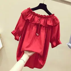 Red Short Sleeve Shirt Women's Off Shoulder Summer New Loose Pleated Solid All-match Office T Shirt Tops Casual Vintage Clothing