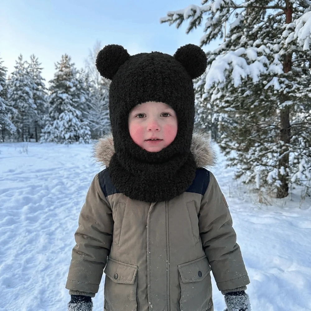 Cute Bear Scarf Mask Integrated Hat Warm Lining Coldproof Children Windproof Hooded Hat Ear Protection Face Guard Balaclava Hat