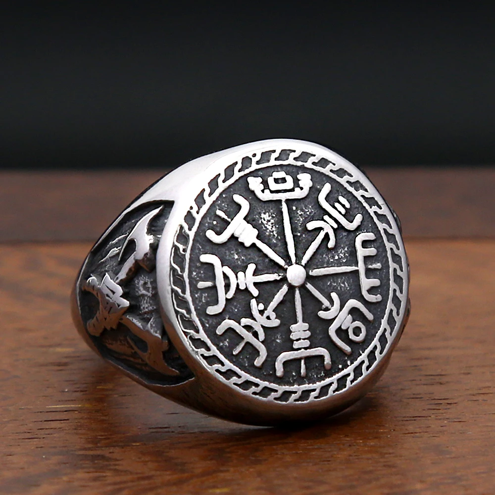 

Punk Vintage Viking Compass Ring For Men Women Stainless Steel Double Axe Ring Nordic Unique Amulet Jewelry Gift Dropshipping