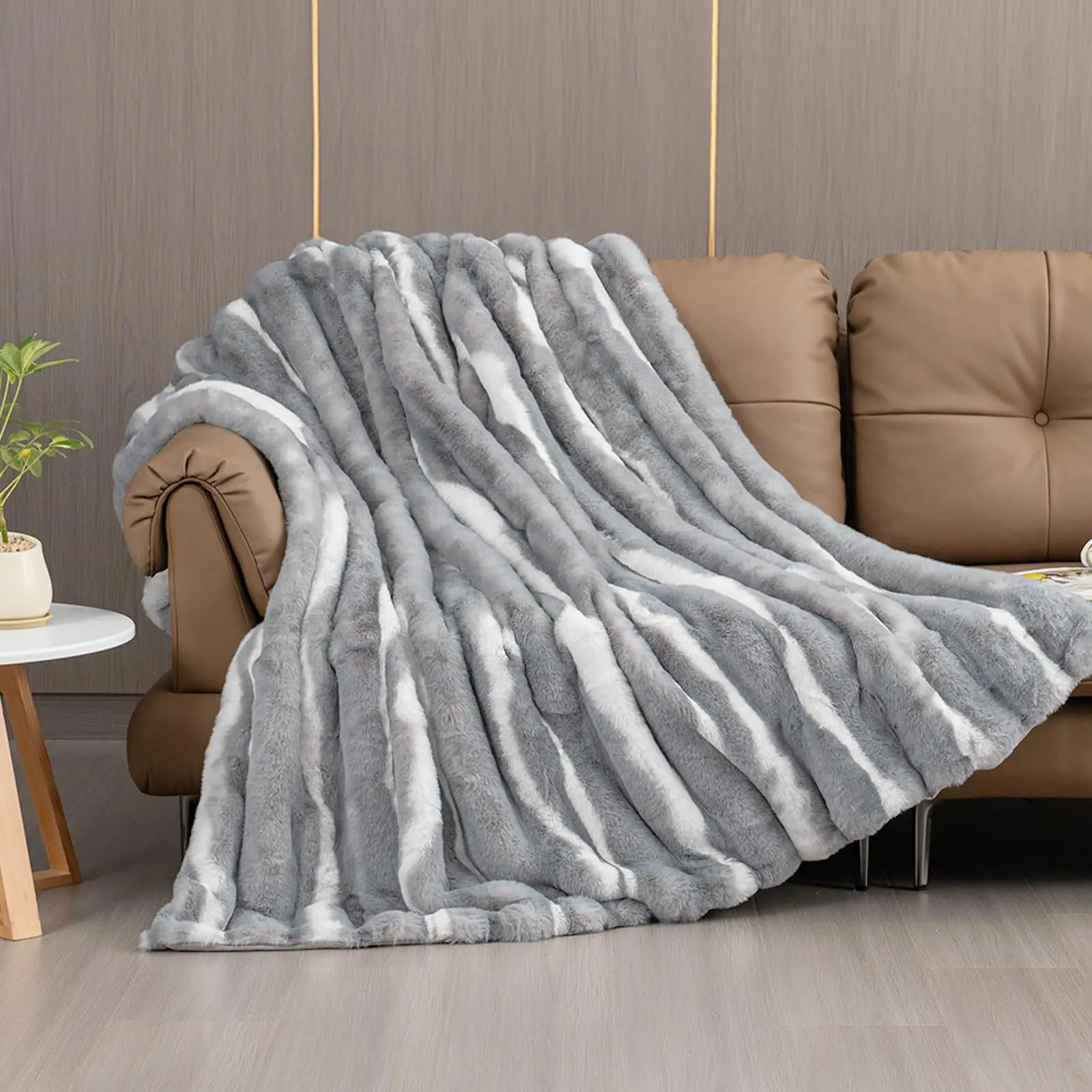 Faux Rabbit Fur Blanket, Autumn & Winter Bed Blanket - Soft, Thick, Warm & Fluffy Striped Blanket, Light Gray