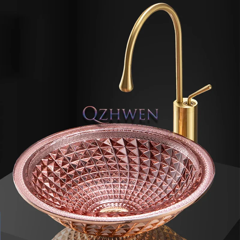 Bathroom Sink Light Luxury Round Crystal Glass Countertop Washbasin Washroom Toilet Vessel Sink Noble Golden Glass Bowl Basin