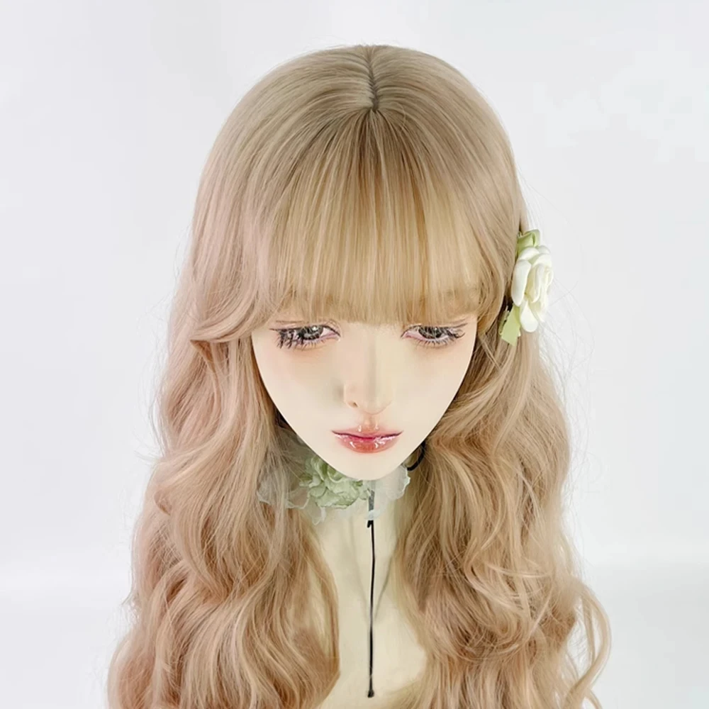 غاكا شقراء الاصطناعية طويلة متموجة المرأة شعر مستعار مع الانفجارات رقيق لوليتا تأثيري الشعر مقاومة للحرارة شعر مستعار للحزب اليومي #4