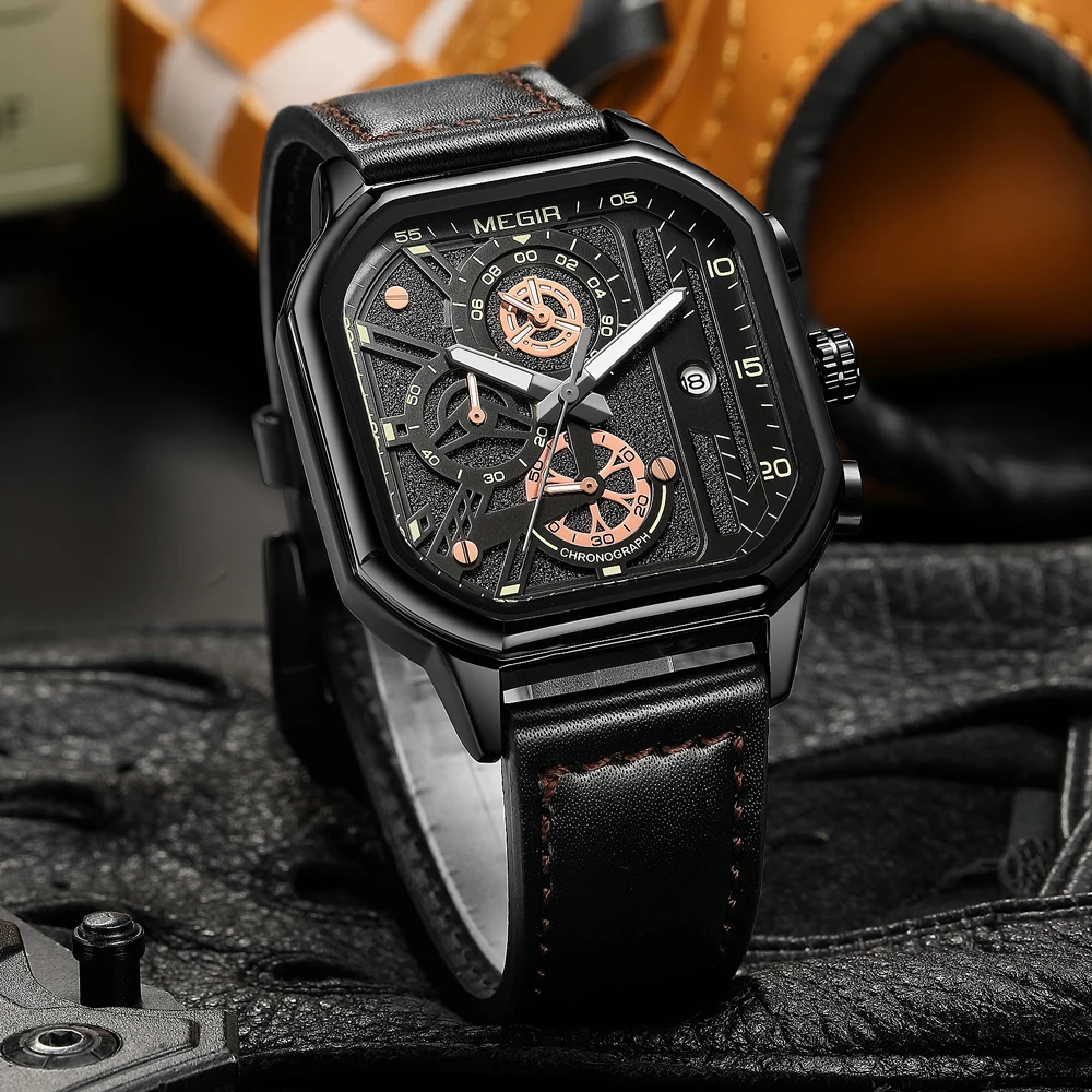 MEGIR Chronograph Analog Quartz Watch Men Square Dial Leather Strap Fashion Sport Male Wristwatches Youth with Auto Date