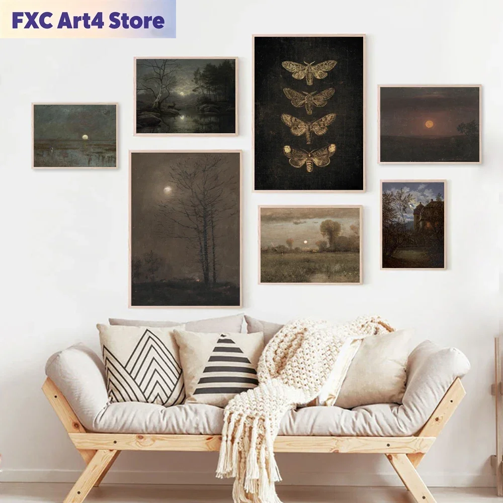 Rahmenloser Vollmond Gruselige Gotische Wandkunst Leinwanddruck Halloween Heimdekoration Vintage Spukhaus Gemälde Stimmungsvolles Wandbild