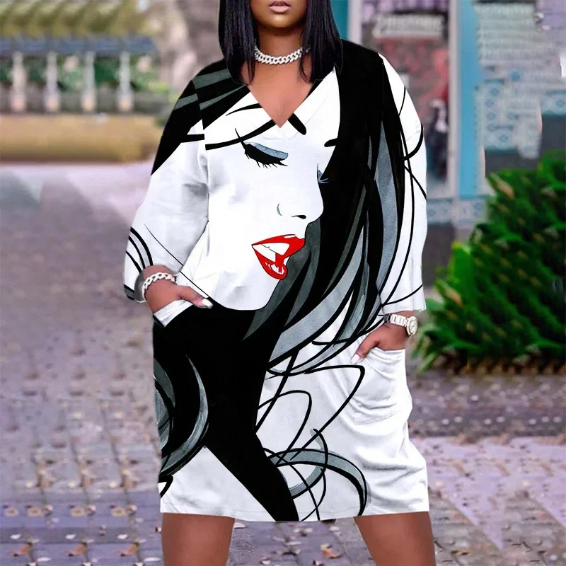 포트레이트 프린트 드레스 섹시 캐주얼 아프리카 여성 드레스 파티 이브닝 루즈 패션 드레스 미디 립스 베스티도스 보헤미안 비치 선드레스