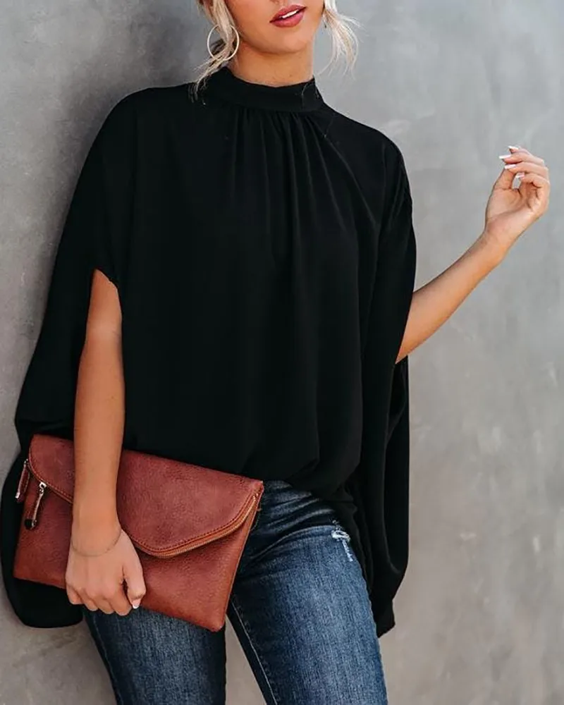 Women\'s Cape Sleeve Oversize Blouse Tie Closure High Neckline Caftan Body Loose Tops