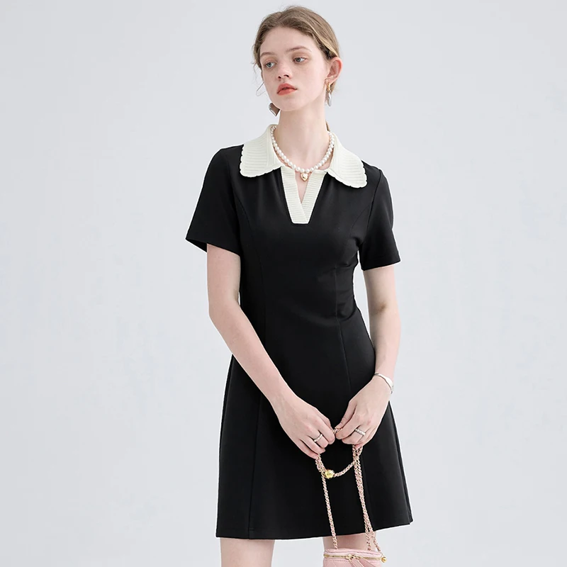 Women Dress Black Elegant Vintage French Style Short Sleeve Cute Casual New Fashion Polo-Neck Office Ladies Mini Dress 2026
