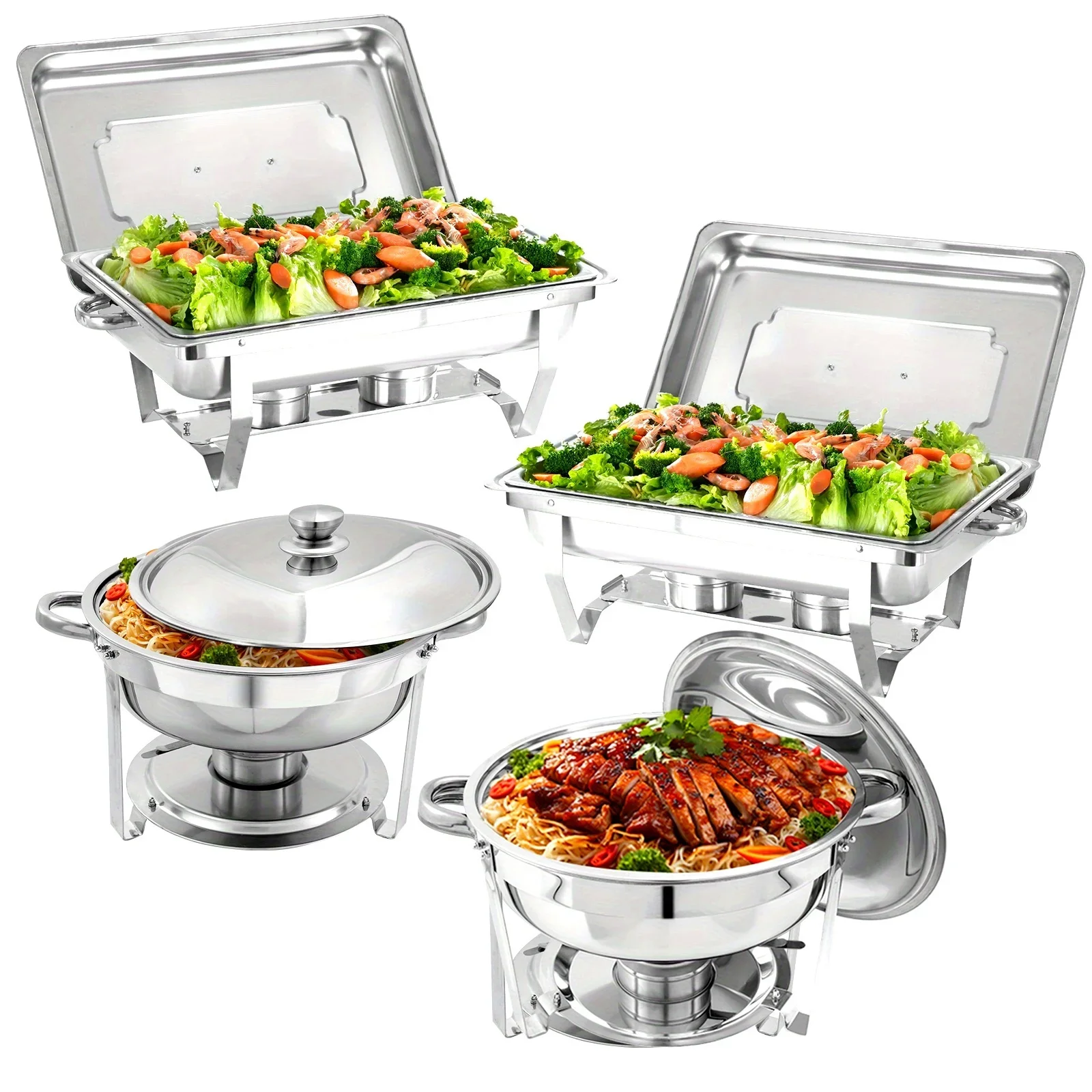 Paquete de 4 platos para frotar, juego de Buffet, Kit calentador de alimentos de acero inoxidable con tapas, soportes de combustible, restaurante, Catering, fiestas, bodas