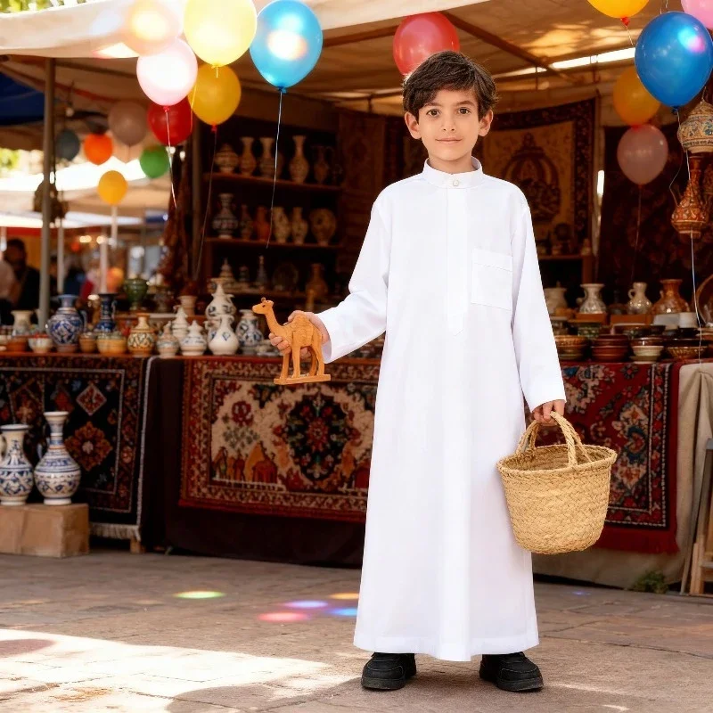 Boys Arabic Long Linen Robe Lightweight Comfortable for Daily Wear and Festivals