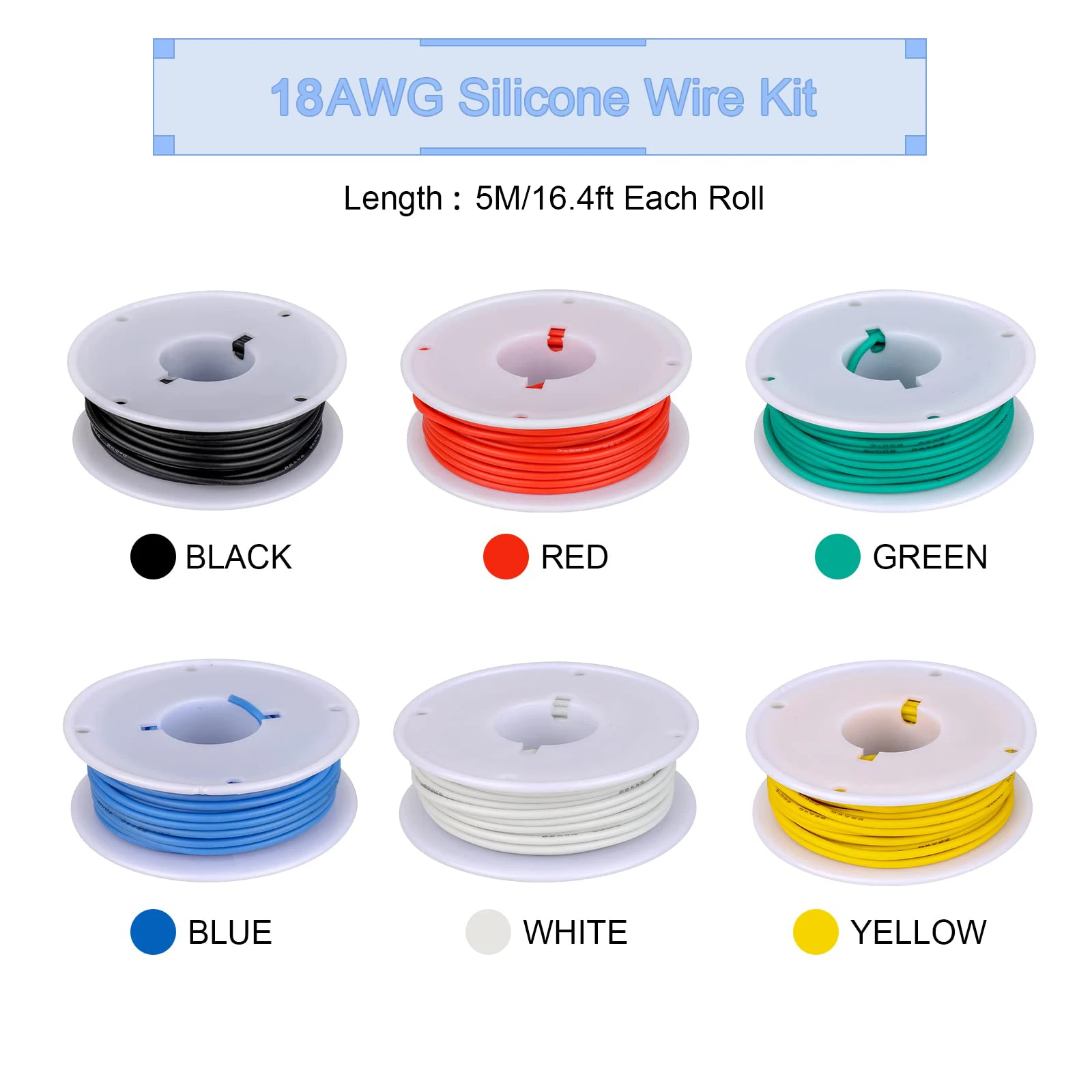 18 AWG Stranded Electrical Wire 18 Gauge Tinned Copper Wires Flexible Silicone Electric Hookup Wire Kit 16.4ft/5m Each Colors