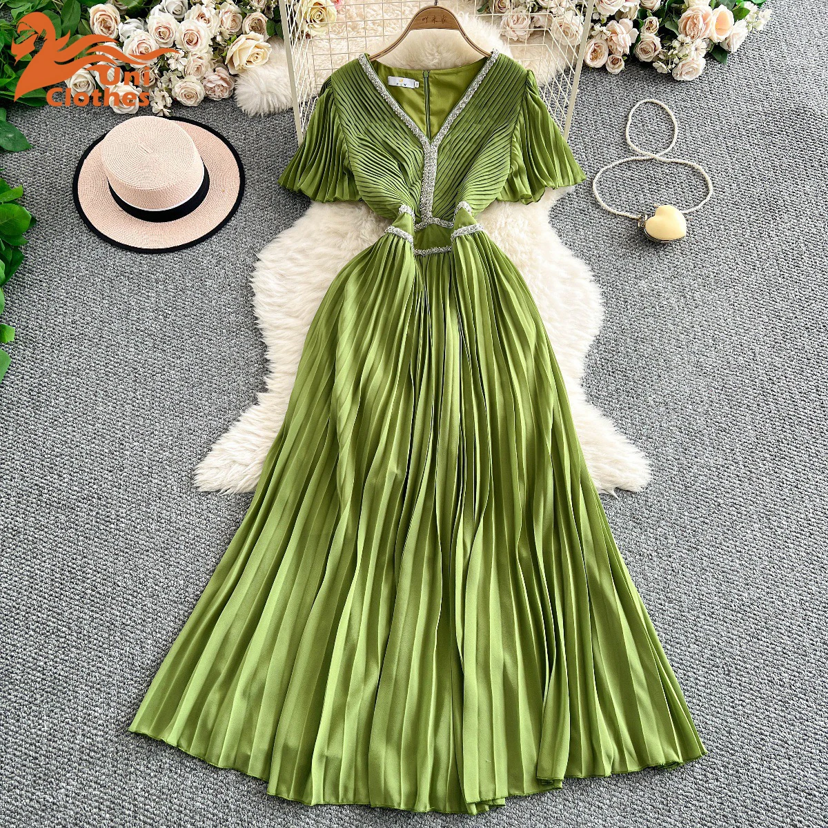 

UNI Elegant Evening Crystal Luxury Dress Women Summer Short Sleeve Midi Vestidos Diamond Runway Chiffon Long Dresses Female