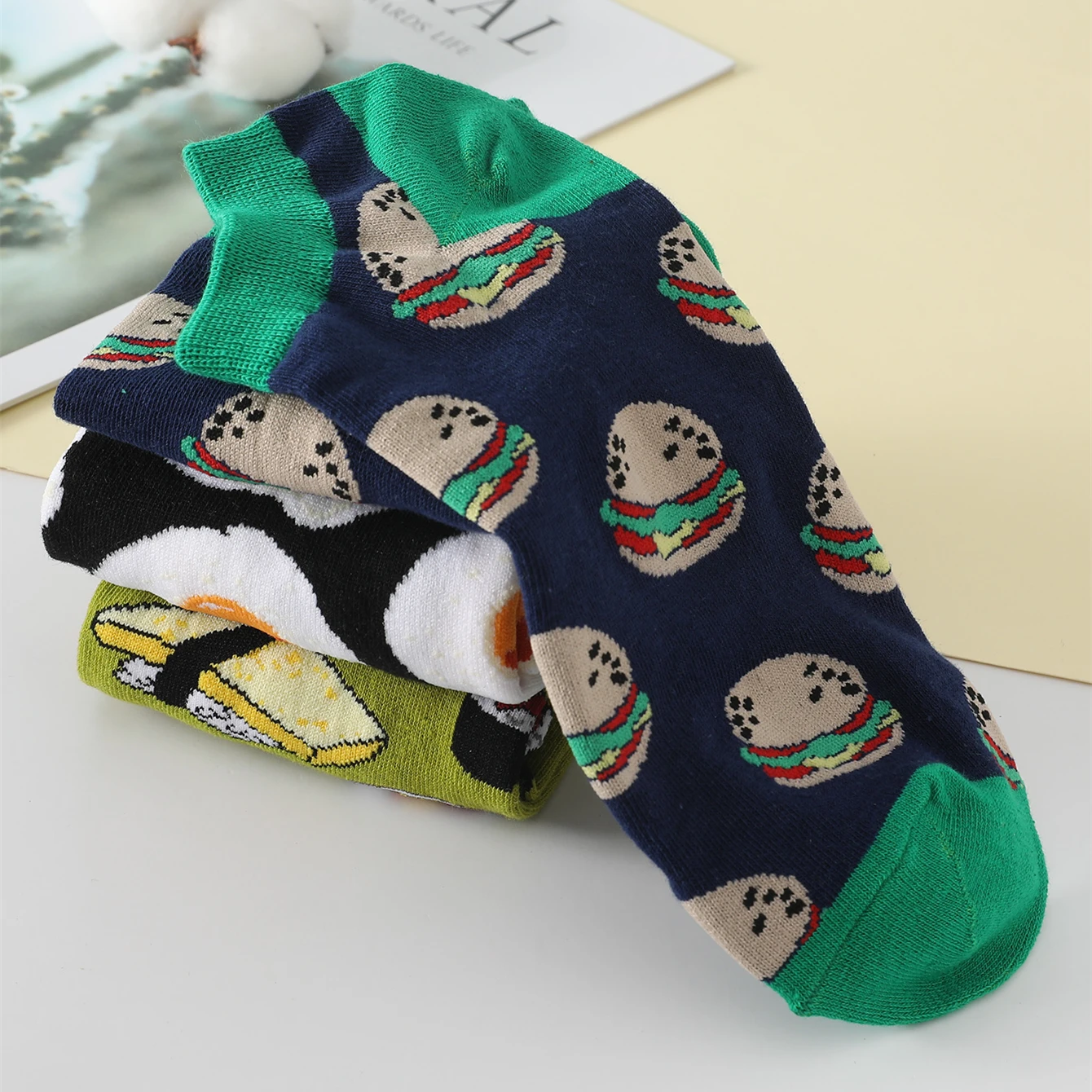 3 Pairs/Pack Women\'s Short Socks Sushi Burger Egg Food Printed Funny Cartoon Socks Spring Summer Breathable Cotton Ankle Socks