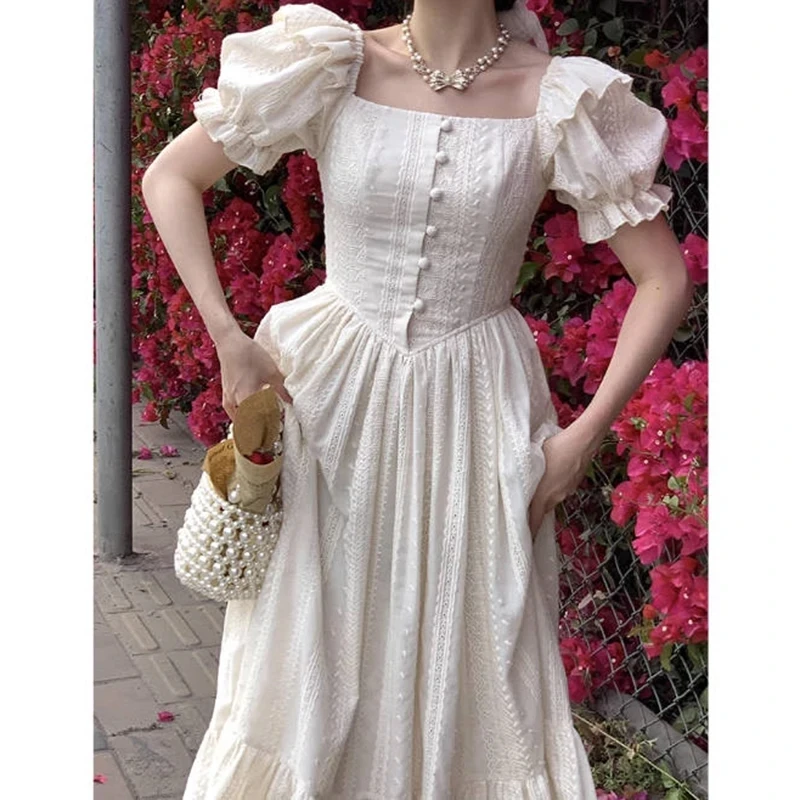 

Vestidos Elegant Square Collar White Dresses Summer Fashion Puff Sleeve Ruffle Dress for Women 2024 Chic Vintage Maxi Dresses