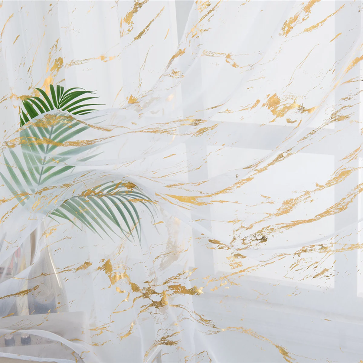 

1Pcs Marble Texture Sheer Curtain Bronzing Printed Polyester Voile for Living Room Bathroom Bedroom Window 100x200cm Golden Half