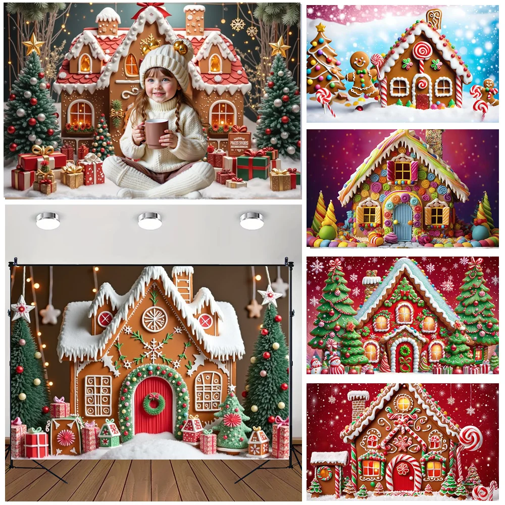 

MOON.QG Gingerbread House Christmas Background Red Gifts Bokeh Xmas Trees Photography Backdrop Home Party Photo Shooting Props