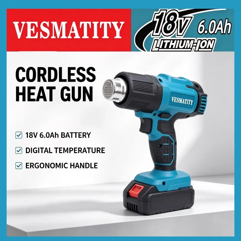 VESMATITY Industrial Cordless Heat Gun Handheld Electric Hot Air Gun Temperatures Adjustable for 18V 20V Battery Max Pro Plus