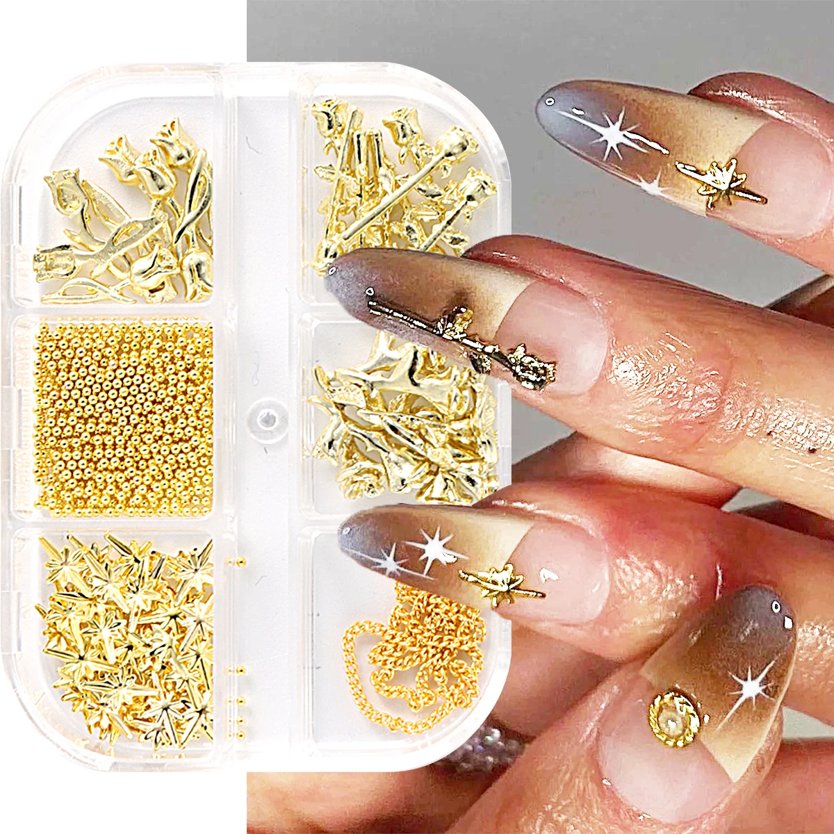 Adorno de Manicura en forma de estrella, 6 cuadrículas, 3D, aleación de Japón, Metal, oro, flor rosa, diseño, encanto, joyería, decoración, LE6G-MGX