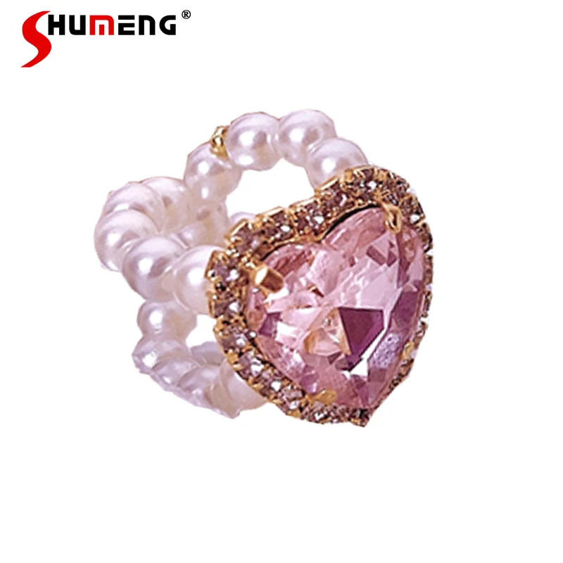 Japanese Style Romantic Girl Ring Handmade Mass-Produced Mine Ornament 2023 New Sweet Cute Heart Shape Rhinestone Pearl Rings