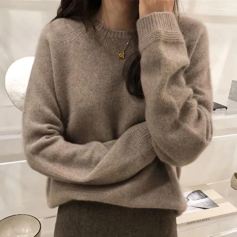 Sweater rajut wanita, musim gugur, musim dingin, tebal, Sweater kasmir hangat, wanita Harajuku longgar, dasar O, leher pullover padat sederhana Semua cocok