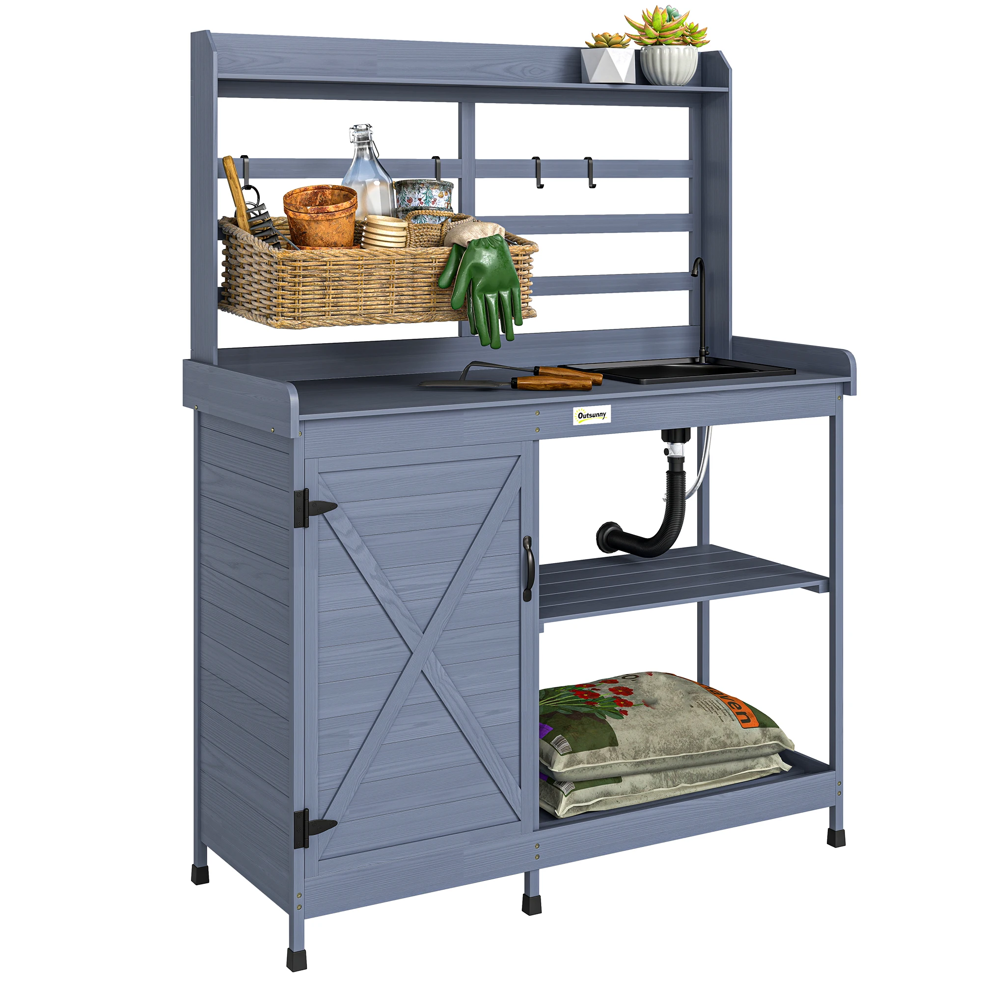 Wooden Potting Bench with Storage, Sink, Water Taap for Backyard, Patio, Balcony, Gray