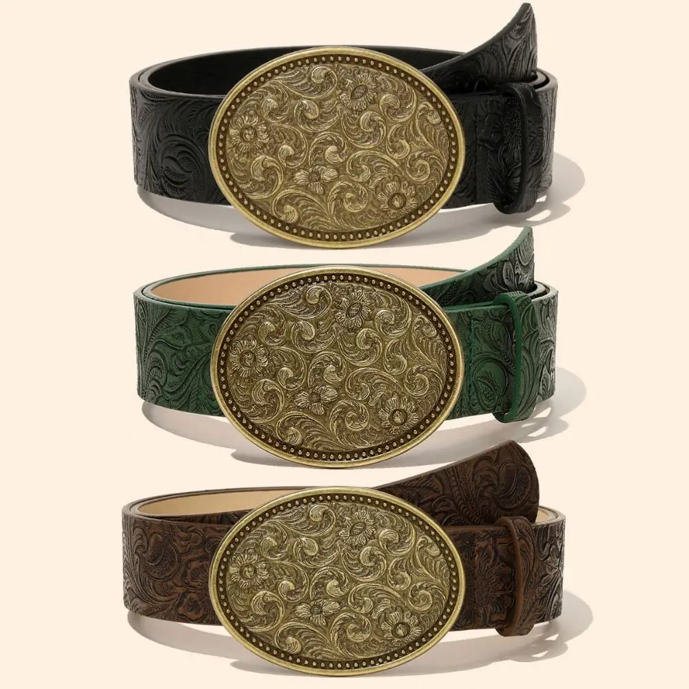 Fashion PU Leather Western Cowboy Belt Retro Punk Rock Carved Buckle Embossed Belt Y2K Vintage Jeans Pants Belt For Man Women