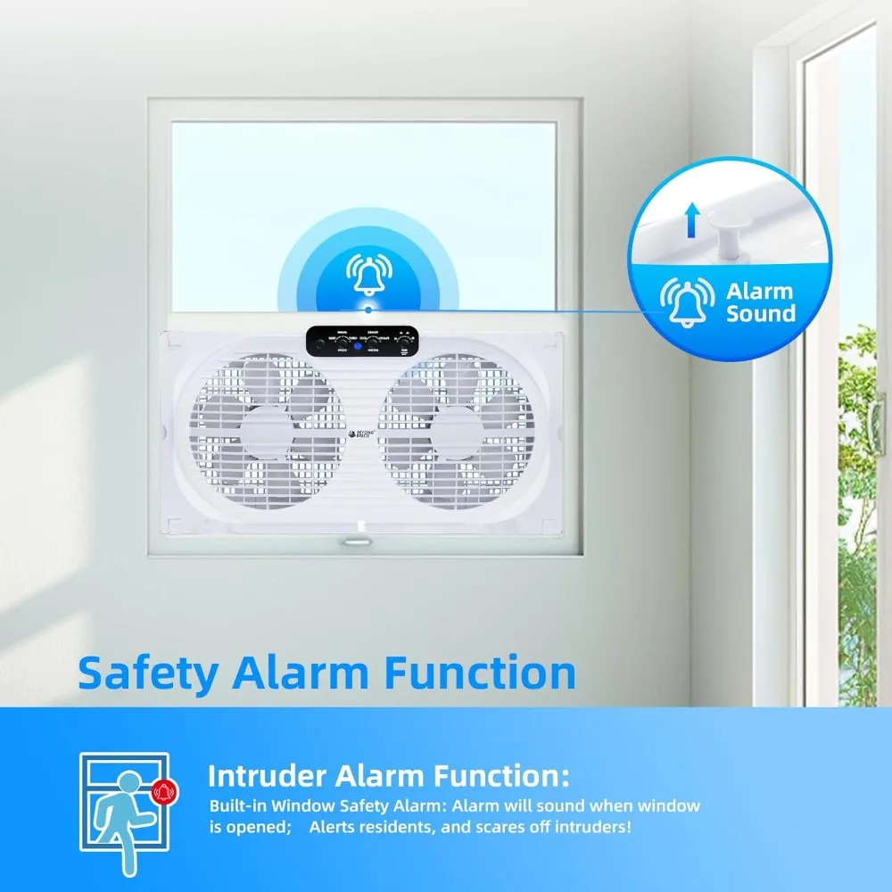 Twin Window Fan with Reversible Airflow and Intruder Alarm, with Remote Control and 3 Speeds, for Home Bedroom