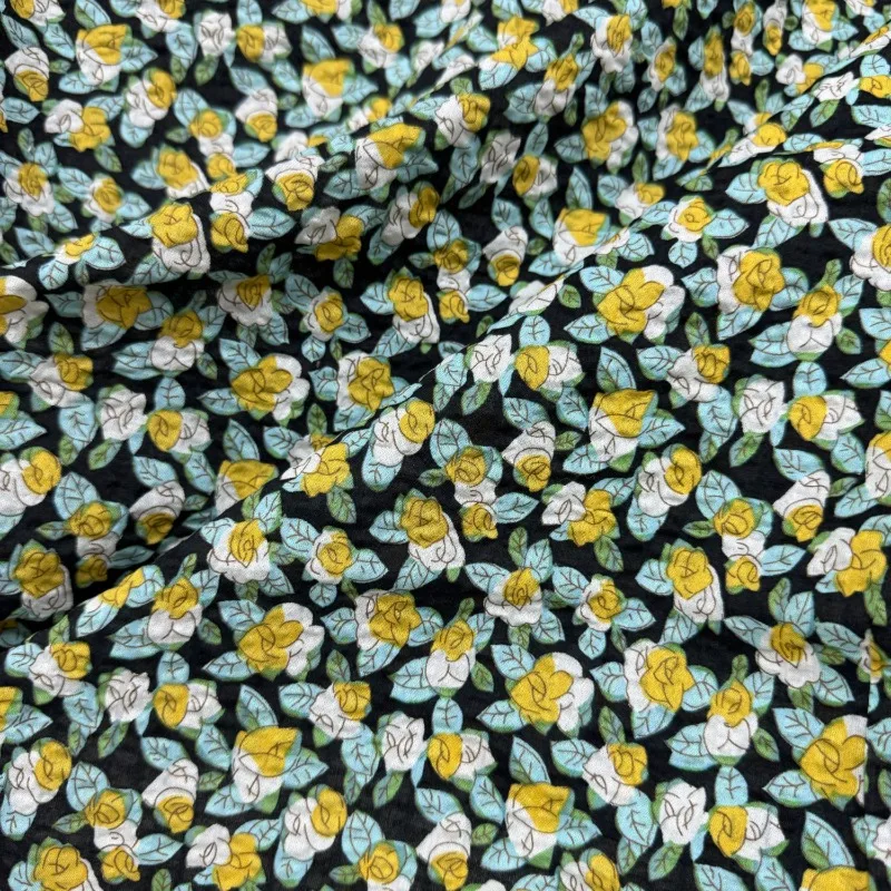 100% Cotton Black Base Salt Shrink Bubble Cotton Texture Fabric Yellow Floral Dress Breathable Shirt Children's Clothing Fabric