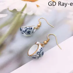 Modern Handmade Ceramic Cup Design Earrings for Women Blue White Enamel Trendy Golden Color Earrings Gift Wholesale