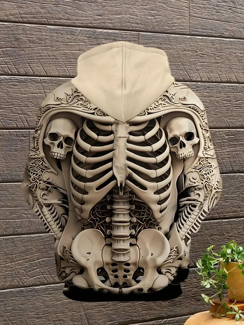 Men's 3D Skull Skull Print Long sleeve hoodie - casual hoodie with strap pockets, polyester fabric, fall/winter collection