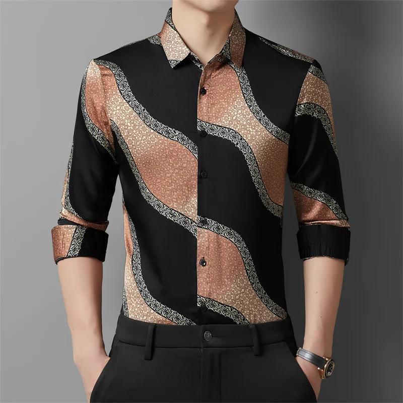 

2024 Spring Autumn Long Sleeve Men Shirt Retro Casual Smooth Silk Print Shirts Slim Breathable Lapel Tops Social Show Streetwear