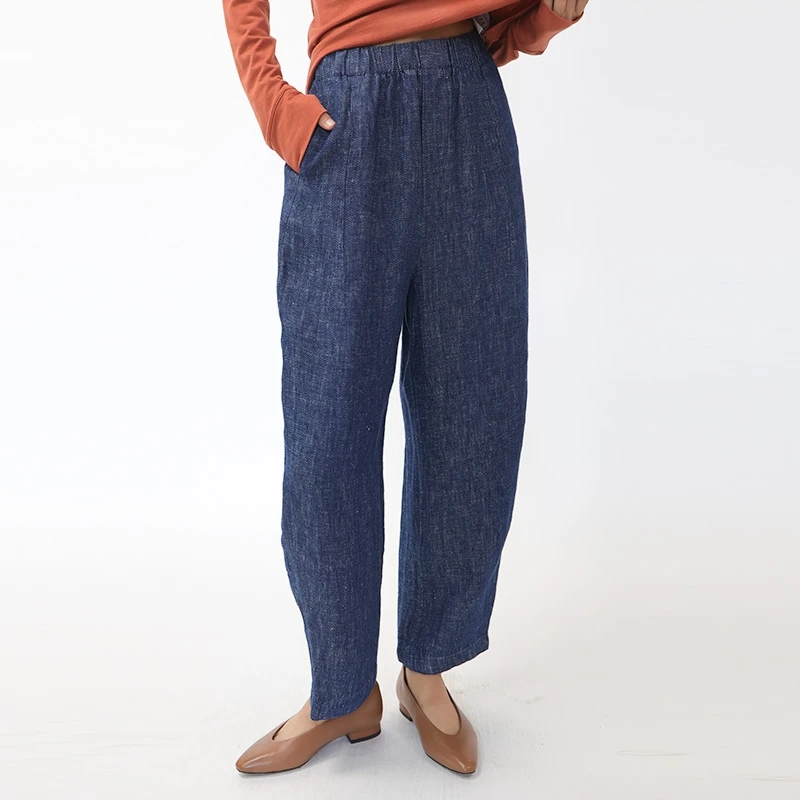 

Женские повседневные брюки из мягкого льняного денима с высокой талией, глубокий синий цвет, в стиле «бабушкины», RIXINJIA JG289H, для работы и повседневной носки