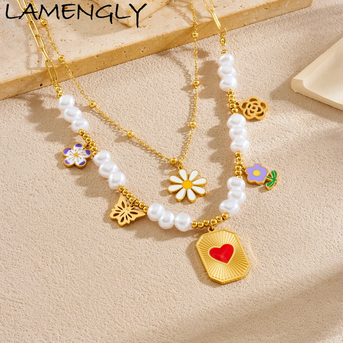 

LAMENGLY 316L Stainless Steel Advanced Double-Layer Chain Enamel Heart Flower Butterfly Charm Necklace Women Non-Fading Jewelry
